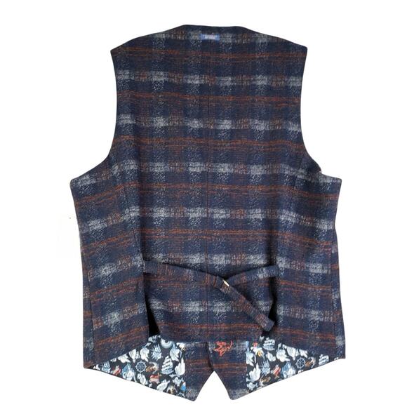 A Fish Named Fred Vest Wool Plaid Waistcoat Blue Grey Check Size 42 Mens New - Picture 3 of 13